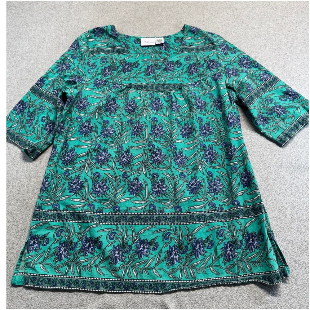 Vermont Country Store Womens M Floral Tunic Teal Blue Boho Artsy 3/4 Sleeve